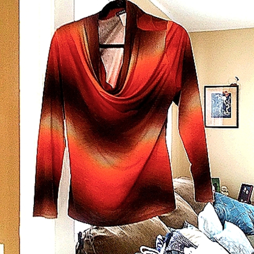 Blouse size petite large multi colored cowl neck long sleeve nylon  comfortable